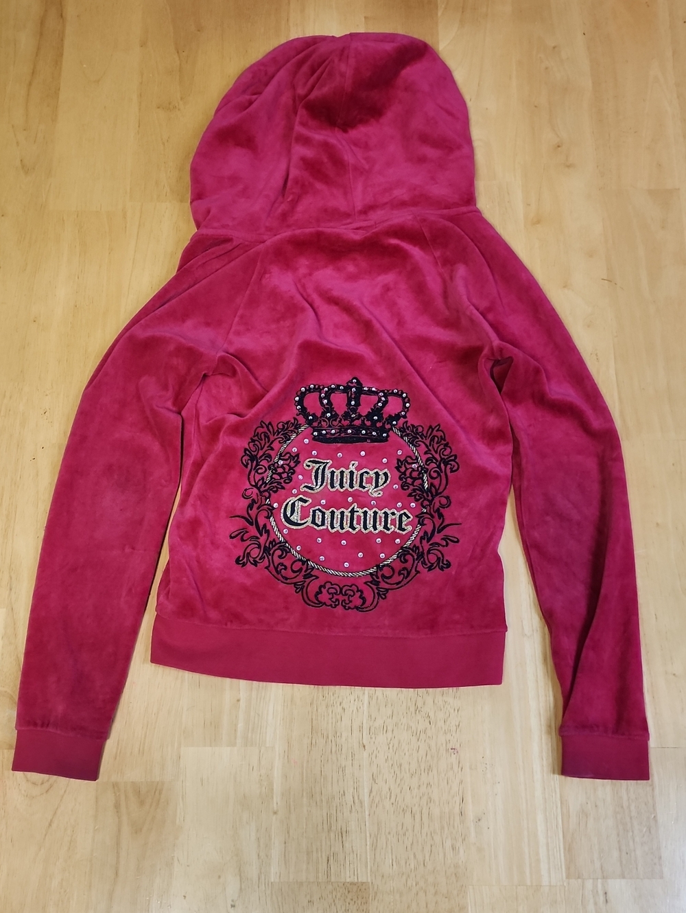 Juicy Couture Velour Hoodie Magenta Pink Rhinestone Crown Shield Back Graphic XS